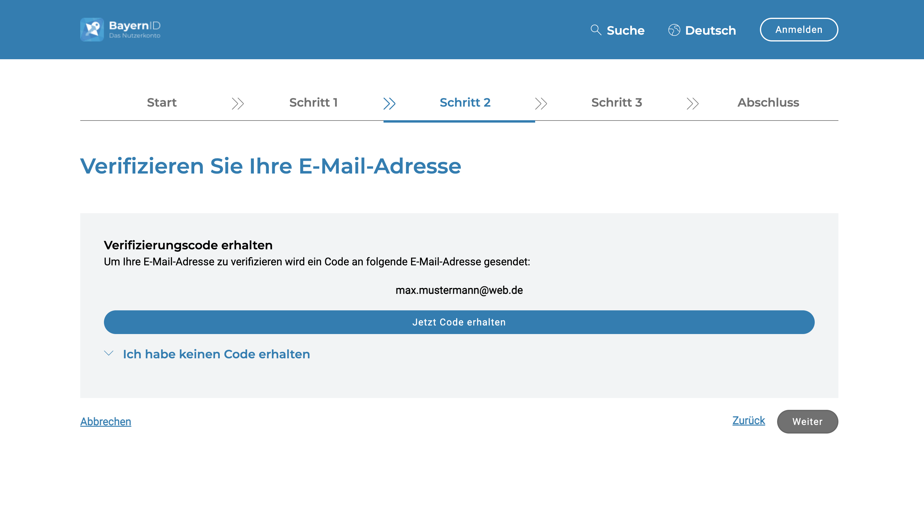 Screenshot Verifizierung über die E-Mail-Adresse